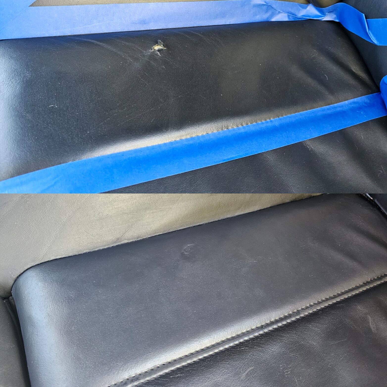 Automotive leather seat cushion before and after repair