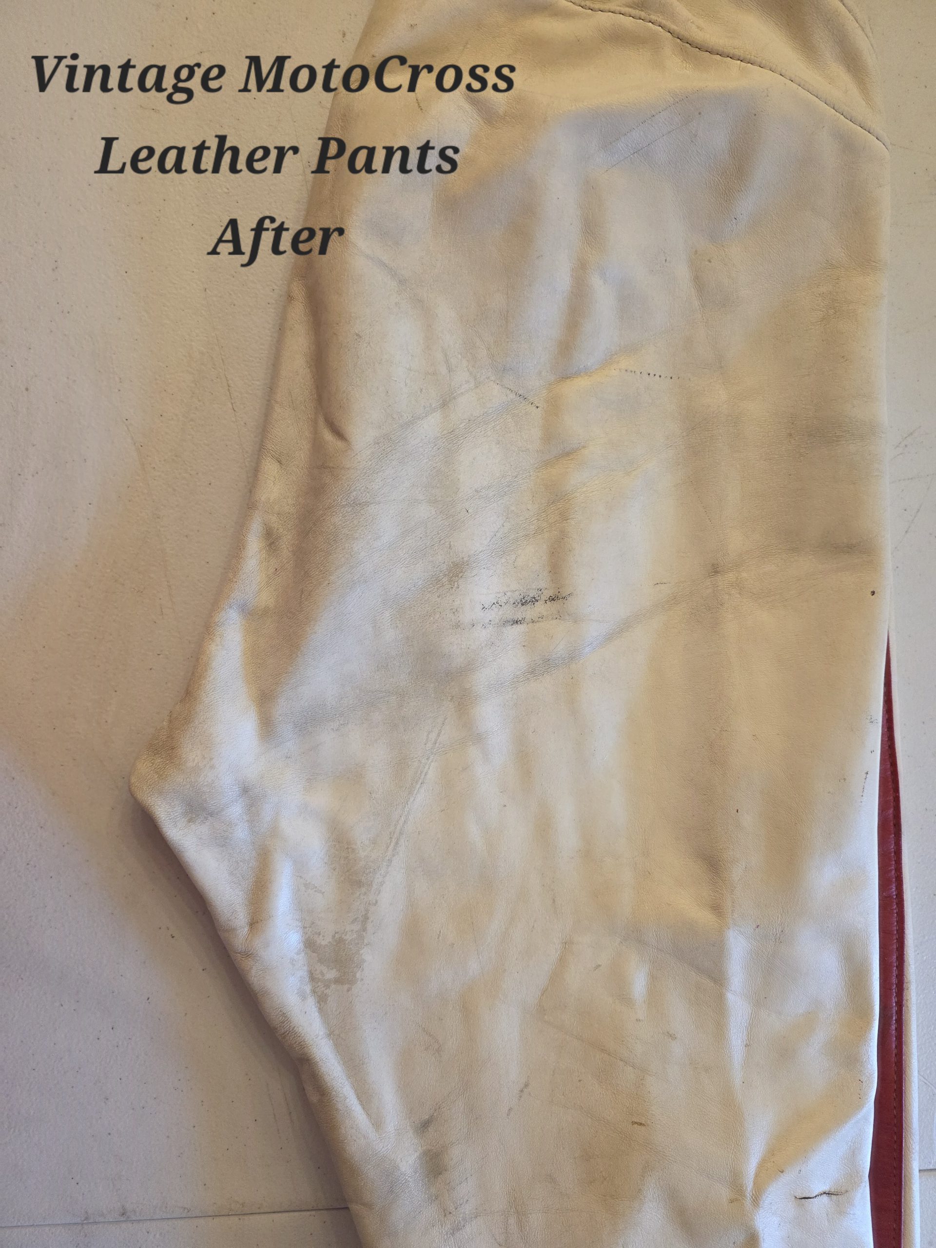 Vintage motocross leather pants after cleaning