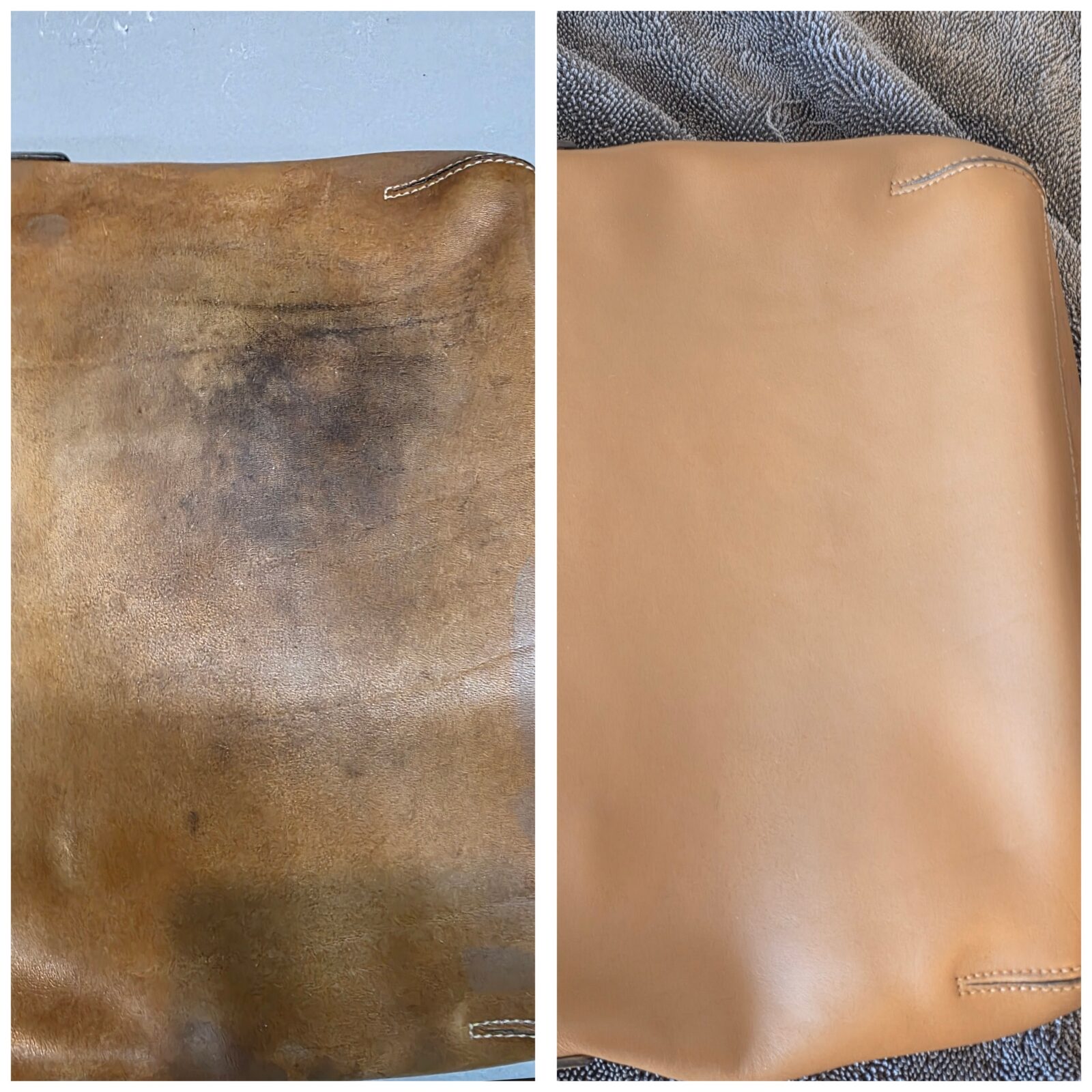 Leather tote bag before and after restoration